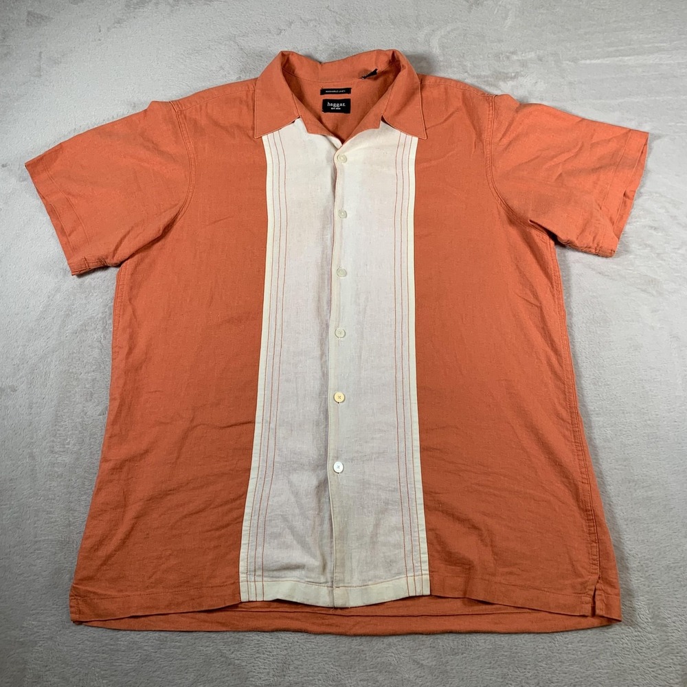Haggar Shirt Mens XL Orange Beige Linen Blend Short Sleeve Button Up Camp Casual
